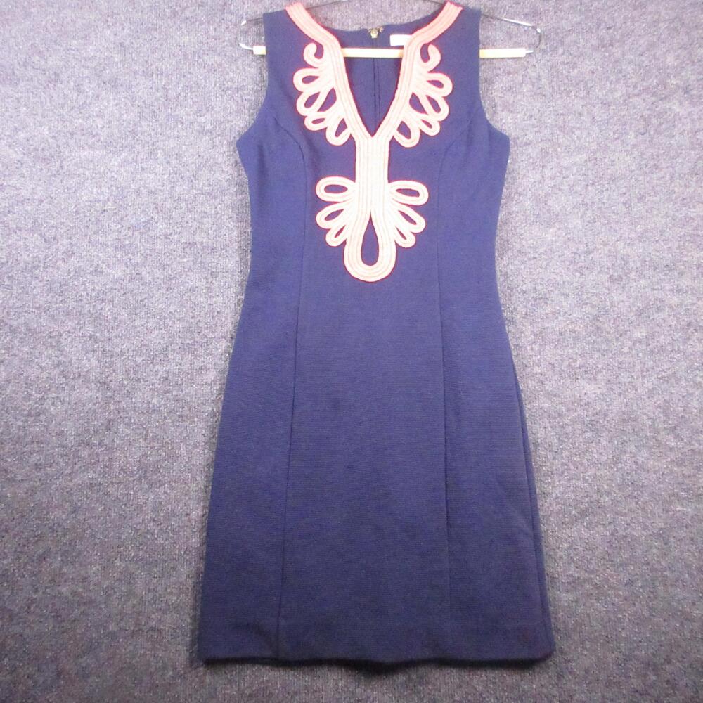 Lilly Pulitzer Dress Womens XS Blue Embroidered V Neck Sleeveless Sheath Knit